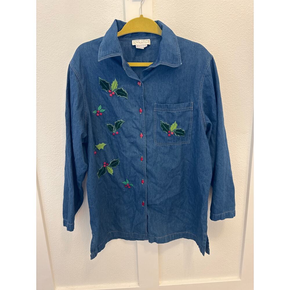 90s Cottage core/grandma core ChristmasHoliday Embroidered Women's Denim Button